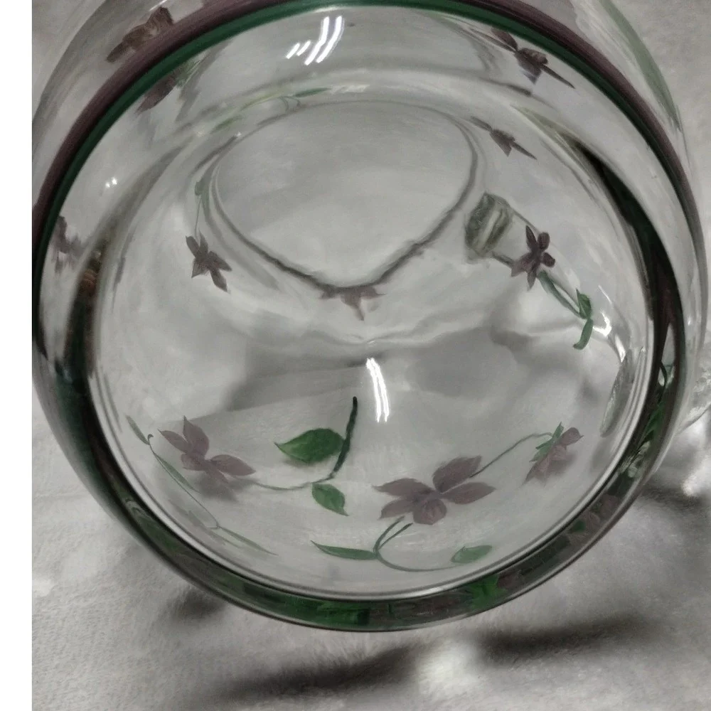 Vintage Hand Painted Glass Pitcher Floral Vine Pattern‎ Clear Glass Carafe